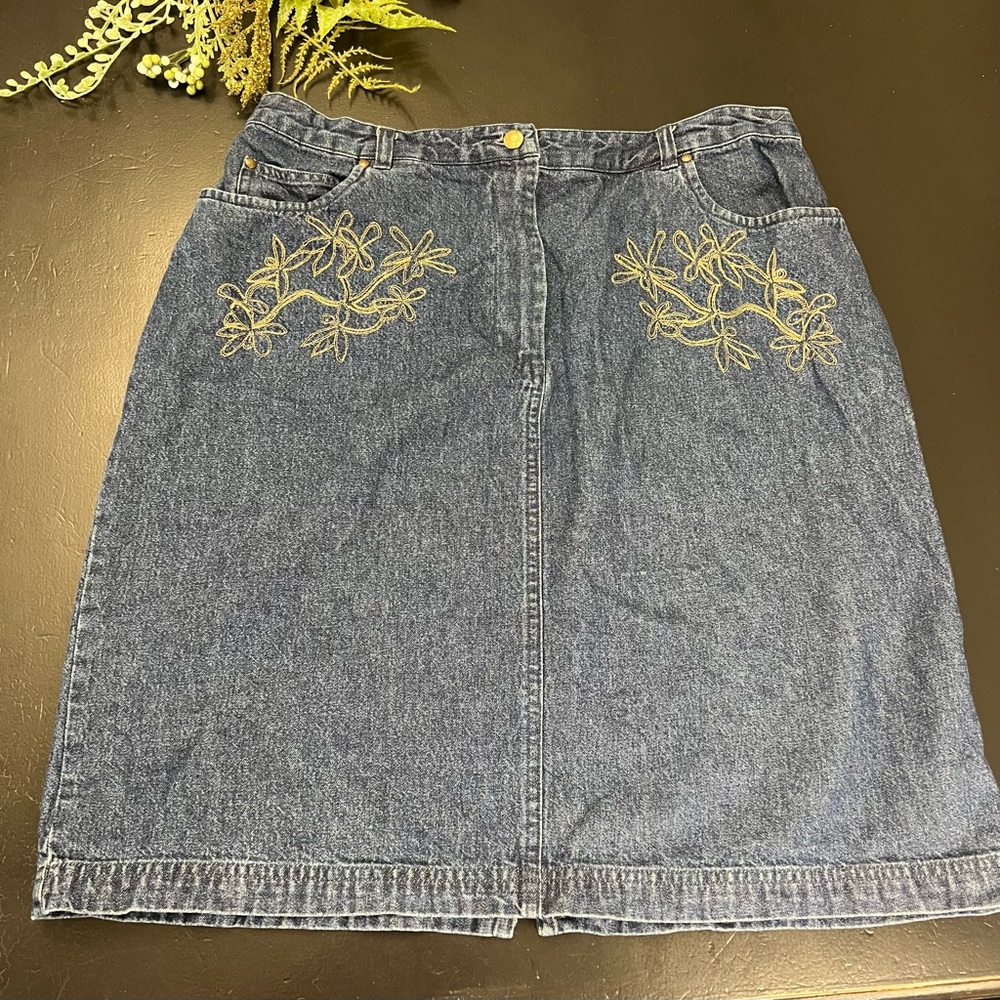 Westbound Y2k Blue Denim Floral Embroidery Straight Knee Length Jean Skirt Sz 14